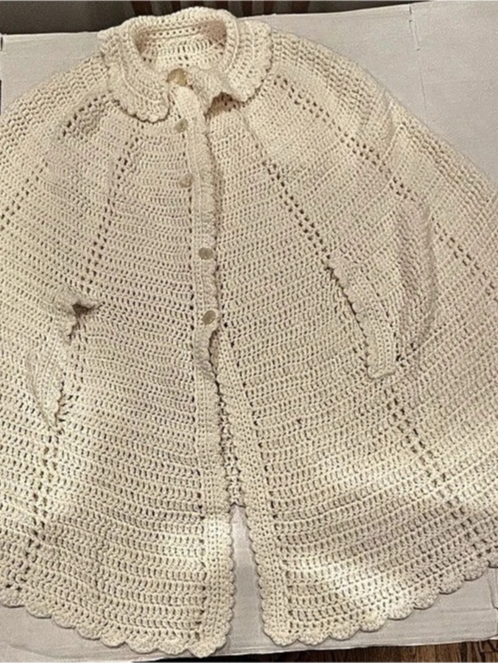 Vintage Handmade Crochet Cape Poncho Crochet with Scalloped Hem in Cream